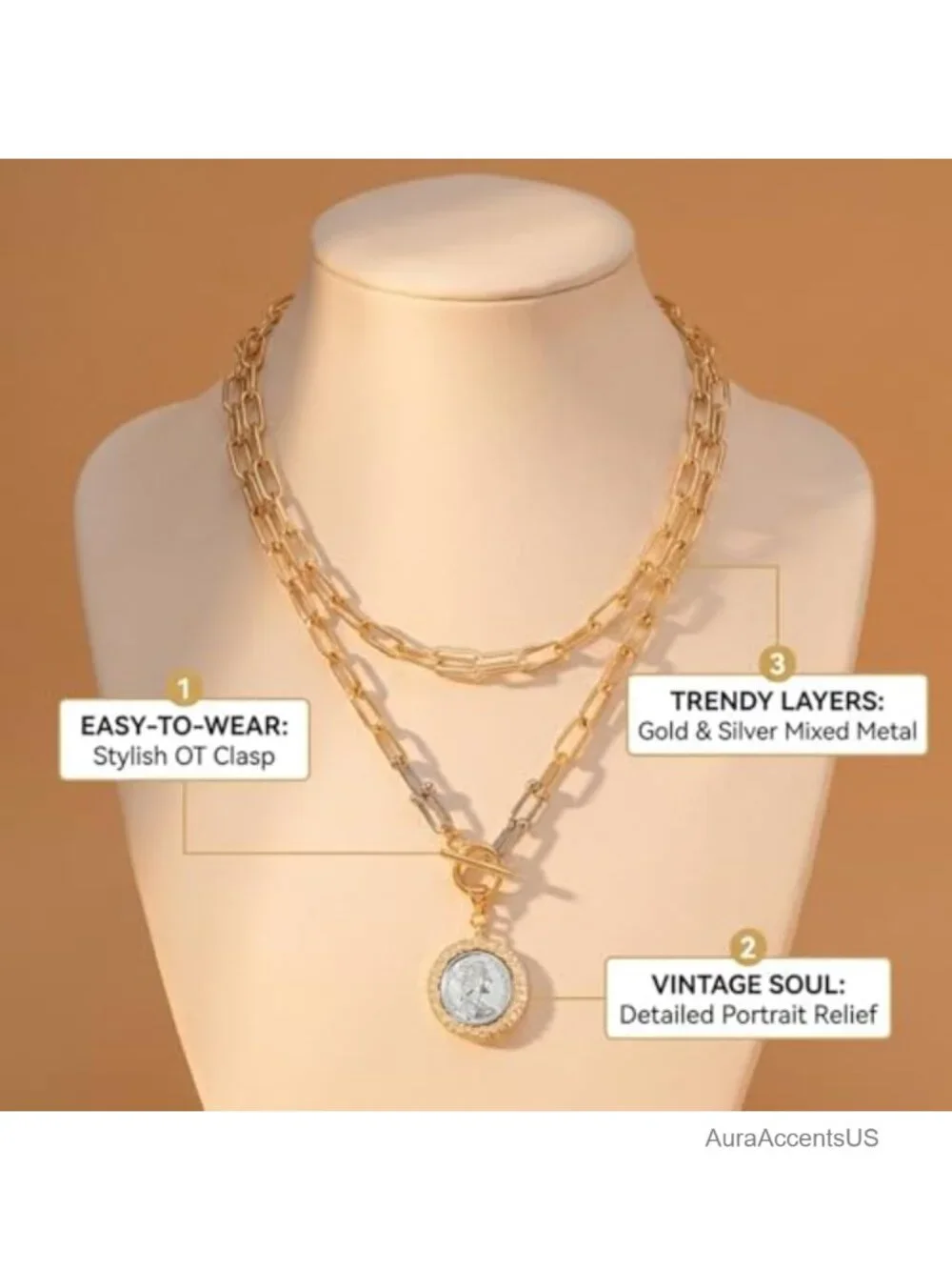 Chunky Gold Coin Necklace Women 14K Plated Reversible Toggle Link Chain